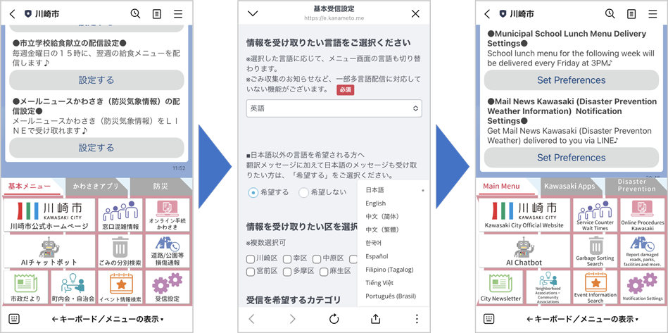神奈川県川崎市LINE公式アカウントにおける多言語リッチメニュー切替の手順