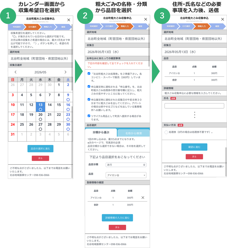 沖縄県北谷町LINE公式アカウントにおける粗大ごみの収集申込受付手順（①カレンダー画面から収集希望日を選択／②粗大ごみの名称・分類から品目を選択／③住所･氏名などの必要事項を入力後、送信）